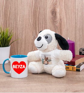 Sevgiliye Hediye İsim Yazılı Kalpli Mavi Kupa Bardak ve Peluş Köpek