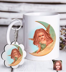 BK Gift Kişiye Özel Kız Çocuk Melek Karikatürlü Beyaz Kupa ve Anahtarlık Hediye Seti-1 (Model 1)