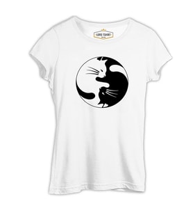Yin Yang - Kedi Beyaz Kadın Tshirt