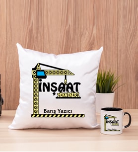 İnşaat Teknikeri Kare Yastık ve Siyah Kupa Bardak