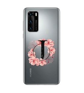Pembe Çiçekli Harf Tasarım Süper Şeffaf Silikon Telefon Kılıfı Huawei P40 J-Harf