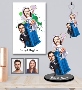 Kişiye Özel Gelin Damat Karikatürlü 3 lü Hediye Seti  Mod-3