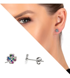 Multicolor Zirkon Taşlı Yonca Yaprağı Tasarım 925 Ayar Gümüş Kadın Küpe