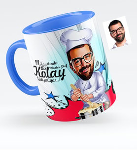 BK Gift Kişiye Özel Bay Chef Karikatürlü Mavi Kupa Bardak  2
