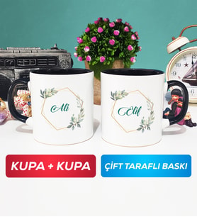 İkili Çiçek Tasarımlı İsme Özel Kupa Bardak Siyah