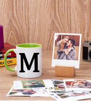 Baş Harfli Yeşil Kupa Bardak ve Ahşap Standlı Polaroid Set