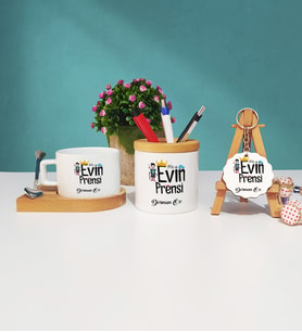 Evin Prensi Tasarımlı Kişiye Özel Hediye Evin Prensi Ahşap Altlıklı Fincan Kalemlik ve Ahşap Anahtarlık Hediye Seti