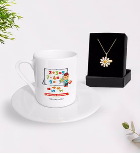 BK Gift Kişiye Özel Matematik Öğretmeni Türk Kahvesi Fincanı ve İsimli Papatya Kolye Hediye Seti-5 (Model 1)