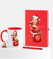 BK Gift Kişiye Özel Yılbaşı Temalı Bayan Karikatürlü Kırmızı Defter Kalem Kupa Seti - 1