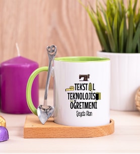 Tekstil Teknolojisi Öğretmeni Ahşap Altlıklı Yeşil Kupa Bardak