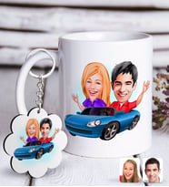 BK Gift Kişiye Özel Sevgililer Karikatürlü Beyaz Kupa ve Anahtarlık Hediye Seti-52 (Model 1)