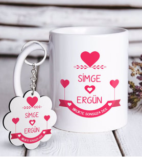 BK Gift Kişiye Özel Sevgililer Günü Beyaz Kupa ve Anahtarlık Hediye Seti-52 (Model 1)
