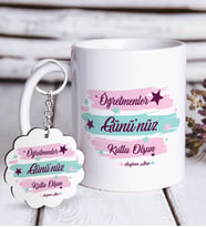 BK Gift Kişiye Özel Öğretmenler Gününüz Kutlu Olsun Beyaz Kupa ve Anahtarlık Hediye Seti-4 (Model 1)
