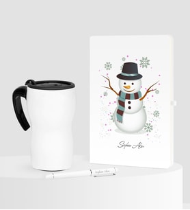 BK Gift Kişiye Özel Yılbaşı Kardan Adam Temalı Beyaz Defter Kalem Termos Mug Seti - 1