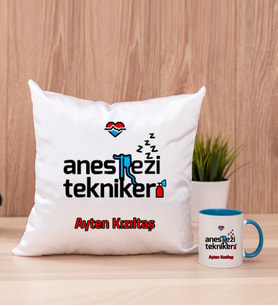 Anestezi Teknikeri Kare Yastık ve Mavi Kupa Bardak