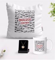 BK Gift Kişiye Özel İngilizce Öğretmeni Beyaz Kupa Yastık ve İsimli Papatya Kolye Hediye Seti-3 (Model 1)