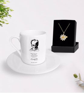 BK Gift Kişiye Özel Atatürk Öğretmen Temalı Türk Kahvesi Fincanı ve İsimli Papatya Kolye Hediye Seti-2 (Model 1)