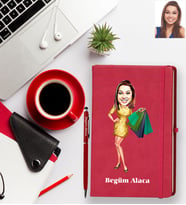 Kişiye Özel Bayan Karikatürlü Kırmızı Defter Kalem Hediye Seti Model-2