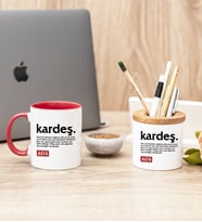 Kardeş Kelime Anlamı Kırmızı Kupa Bardak Ve Kalemlik Hediye Seti