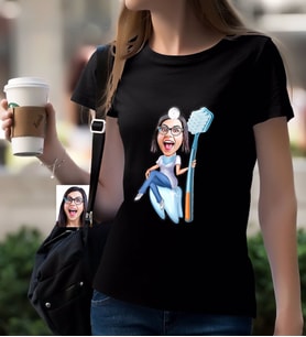BK Gift Kişiye Özel Bayan Diş Hekimi Karikatürlü Siyah T-Shirt-2