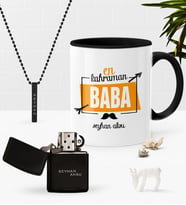 BK Gift Kişiye Özel En Kahraman Baba Siyah Kupa Benzinli Çakmak Kolye Seti (Model 1)