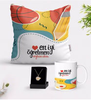 BK Gift Kişiye Özel En İyi Öğretmen Beyaz Kupa Yastık ve İsimli Papatya Kolye Hediye Seti-5 (Model 1)