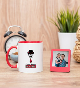 Babaya Hediye Kravat Tasarım Kırmızı Kupa ve Kırmızı Mini Fotoğraf Çerçevesi
