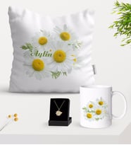 BK Gift Kişiye Özel Papatya Temalı Yastık Kupa Ve Papatya Kolye Hediye Seti-12 (Model 1)