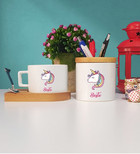 Unicorn Tasarımlı Kişiye Özel Unicorn Ahşap Altlıklı Fincan ve Kalemlik Seti