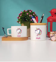 Unicorn Tasarımlı Kişiye Özel Unicorn Ahşap Altlıklı Fincan ve Kalemlik Seti