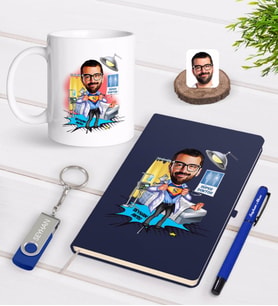 BK Gift Kişiye Özel Erkek Doktor Karikatürlü Lacivert Defter Kalem Kupa 32gb USB Bellek Hediye Seti-1 (Model 1)