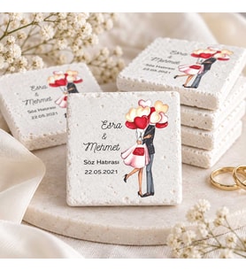 30 Adet Kişiye Özel Baskılı Doğal Taş Magnet 5x5cm Söz, Nikah, Nişan Hatırası (Beyaz)