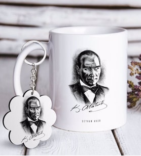 BK Gift Kişiye Özel Atatürk Temalı Beyaz Kupa ve Anahtarlık Hediye Seti-14 (Model 1)