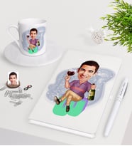 BK Gift Kişiye Özel Erkek Karikatürlü Beyaz Defter Kalem Türk Kahvesi Fincanı Seti-2 (Model 1)