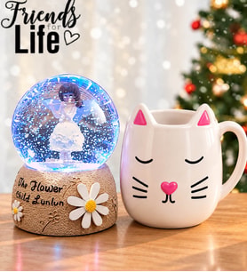 Kedi Kupa 3D Figür & Daisy Girl Işıklı Kar Küresi Hediye Seti