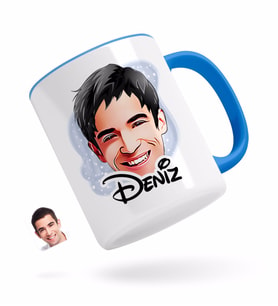 BK Gift Kişiye Özel Erkek Yüz Karikatürlü Mavi Kupa Bardak-2