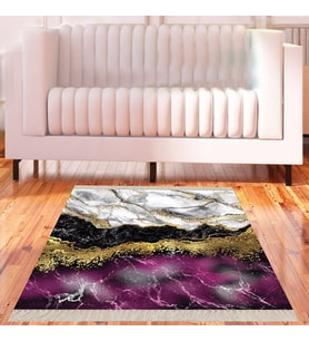 Mermer Desenli Gold Şeritli Dijital Baskı Yıkanabilir Kaymaz Taban Modern Salon Halısı (Siyah-Mor)