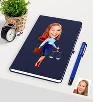 BK Gift Kişiye Özel Bayan Avukat Karikatürlü Lacivert Defter Kalem Seti - 3