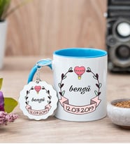 İsim Yazılı Tarihli Mavi Kupa Bardak Ve Anahtarlık Set