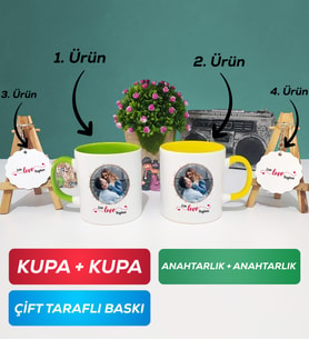 İkili Yeşil Sarı Sevgiliye Sevgililer Günü Hediyesi 11 Kupa Bardak Anahtarlık