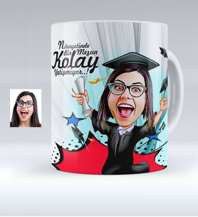 BK Gift Kişiye Özel Bayan Mezun Karikatürlü Beyaz Kupa Bardak  1