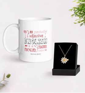 BK Gift Kişiye Özel İngilizce Öğretmeni Beyaz Kupa ve Papatya Kolye Hediye Seti-6 (Model 1)