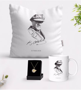 BK Gift Kişiye Özel Atatürk Temalı Beyaz Kupa Yastık ve İsimli Papatya Kolye Hediye Seti-17 (Model 1)