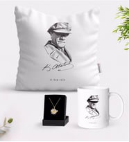 BK Gift Kişiye Özel Atatürk Temalı Beyaz Kupa Yastık ve İsimli Papatya Kolye Hediye Seti-17 (Model 1)