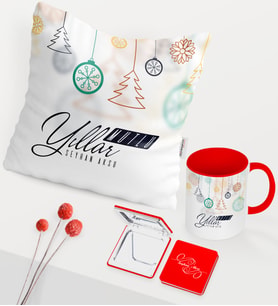 BK Gift Kişiye Özel Yılbaşı Mutlu Yıllar Temalı Kırmızı Kupa Ayna Yastık Seti - 15