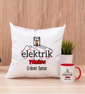 Elektrik Teknikeri Kare Yastık ve Kırmızı Kupa Bardak
