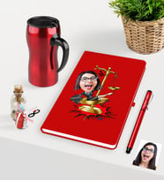 BK Gift Kişiye Özel Bayan Avukat Karikatürlü Kırmızı Defter Kalem ve Termos Mug Seti - 4 (Model 1)