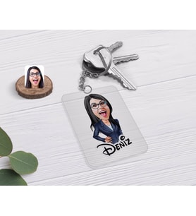 BK Gift Kişiye Özel Kadın Patron Karikatürlü Şeffaf Pleksi Anahtarlık-4 (Beyaz)