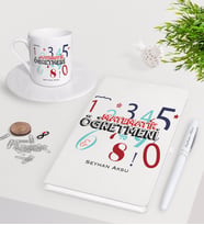 BK Gift Kişiye Özel Matematik Öğretmeni Beyaz Defter Kalem Türk Kahvesi Fincanı Seti-4 (Model 1)