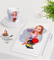 BK Gift Kişiye Özel Bayan Öğrenci Karikatürlü Beyaz Defter Kalem Türk Kahvesi Fincanı Seti-1 (Model 1)